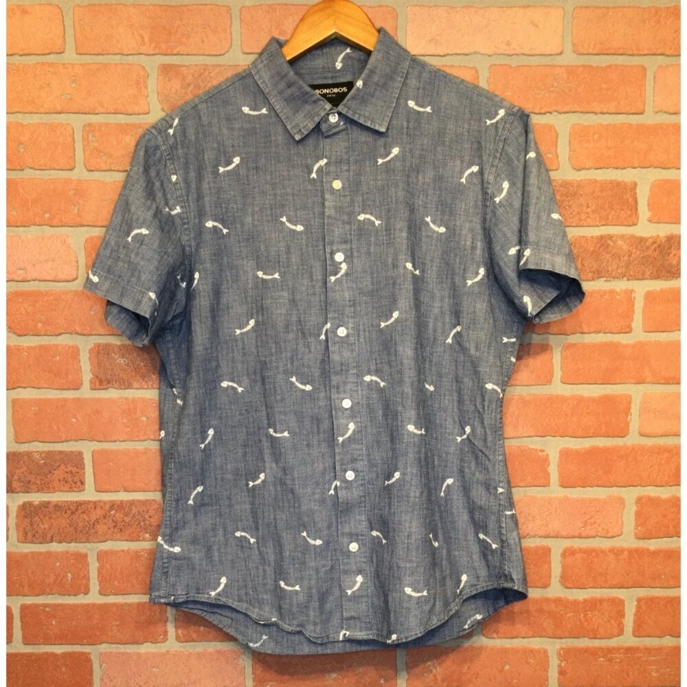 Bonobos Mens Slim Fit Chambray Shirt AOP Fishbone Pattern Size L Stretch Preppy